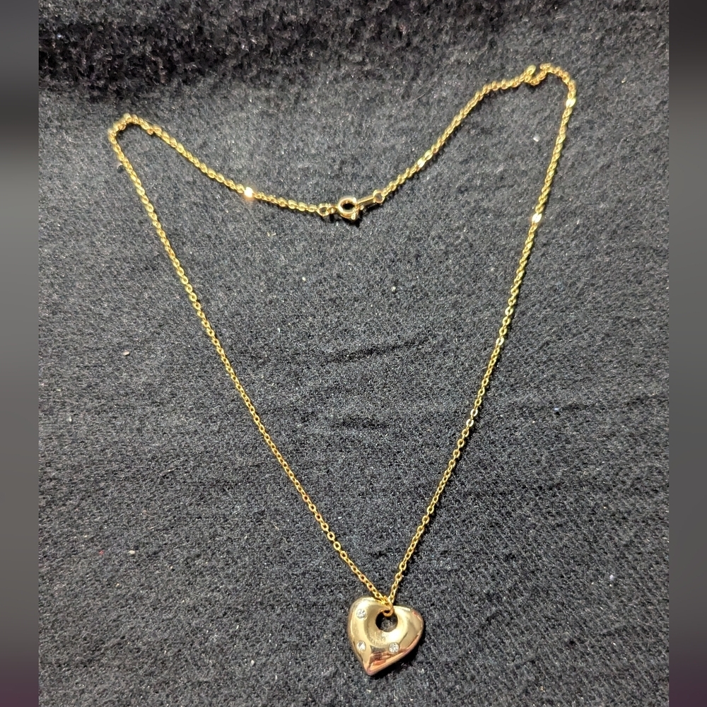 Gold Tone Clear Crystal Dainty Delicate Heart Pendant Statement Necklace